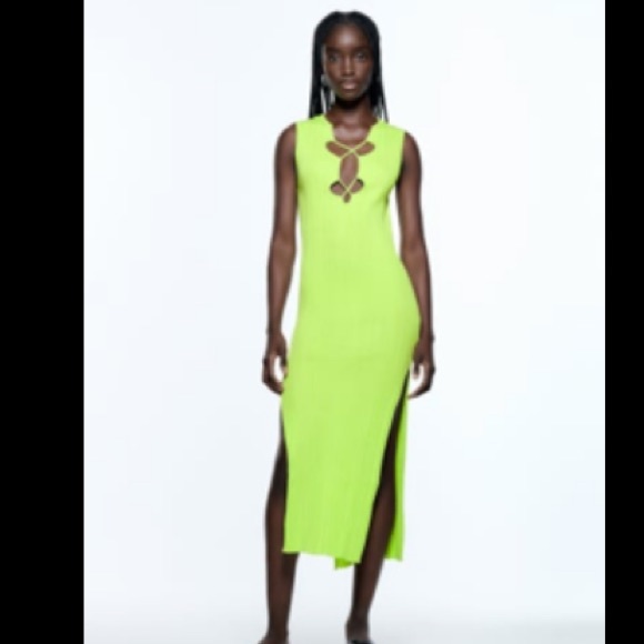NWT ZARA Cut Out Knit Dress Midi Green Lime - Picture 10 of 11